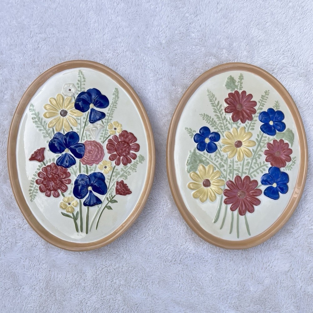 Vtg 1970s Atlantic Mold 3D Floral Wall Art Ceramic Cottagecore Blue Pink Yellow
